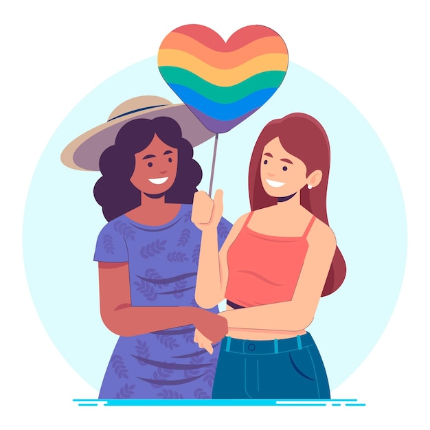 Organic flat lesbian couple with lgbt flag