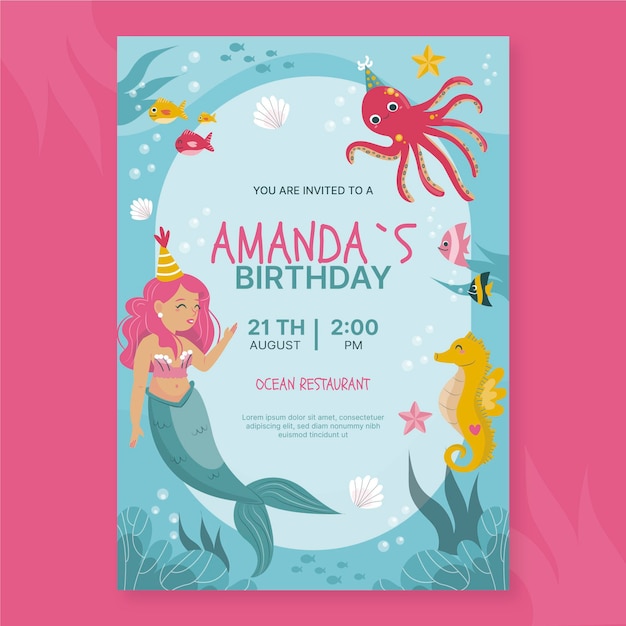 Organic flat mermaid birthday invitation template