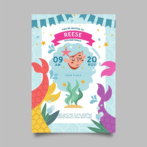 Organic flat mermaid birthday invitation template