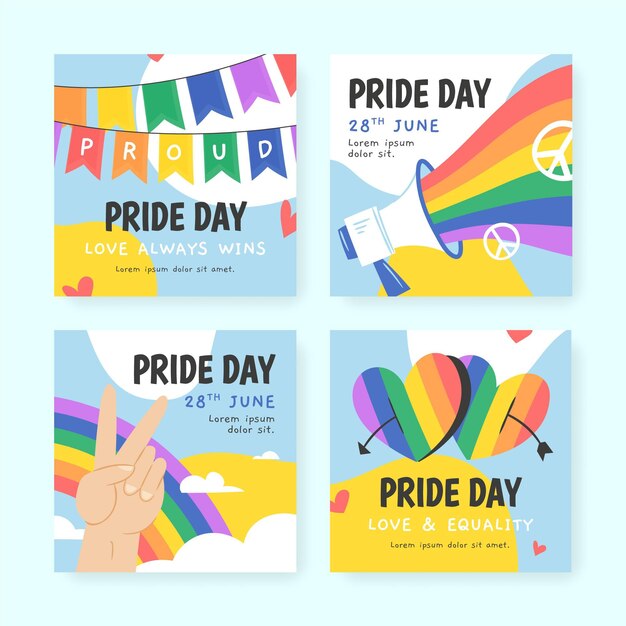 Organic flat pride day instagram posts collection