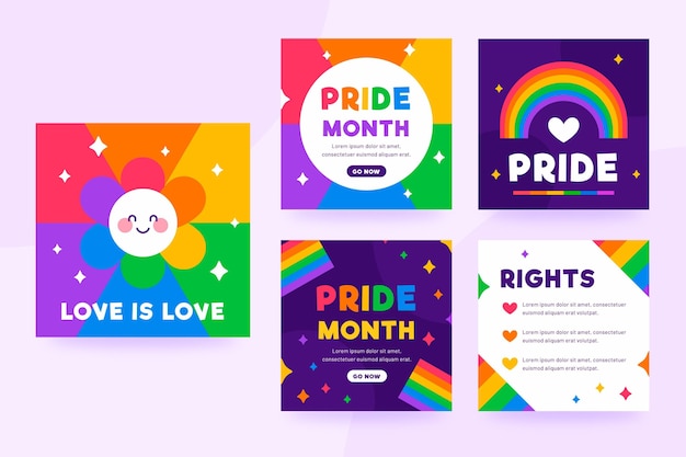 Organic flat pride day instagram posts collection