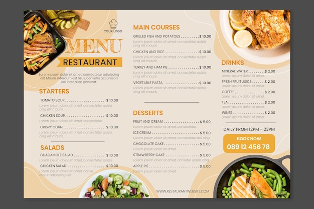 Organic flat rustic restaurant menu template with photo