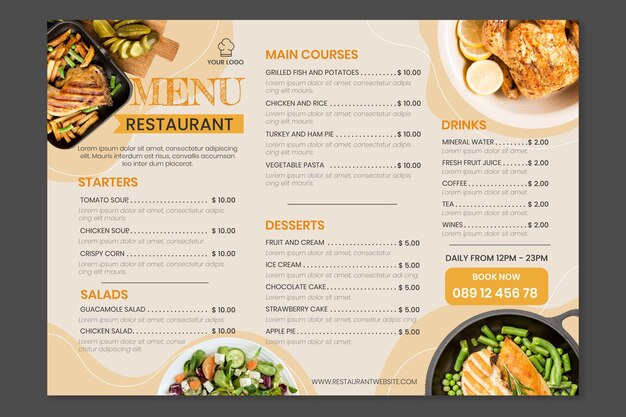 Organic flat rustic restaurant menu template with photo