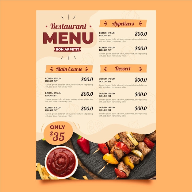 Free vector organic flat rustic restaurant vertical menu template with photo