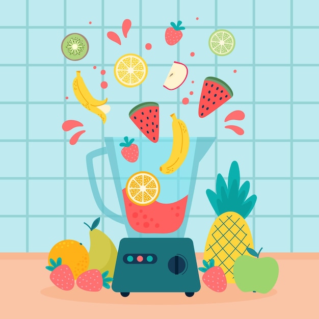 organic flat smoothies in blender glass illustration
