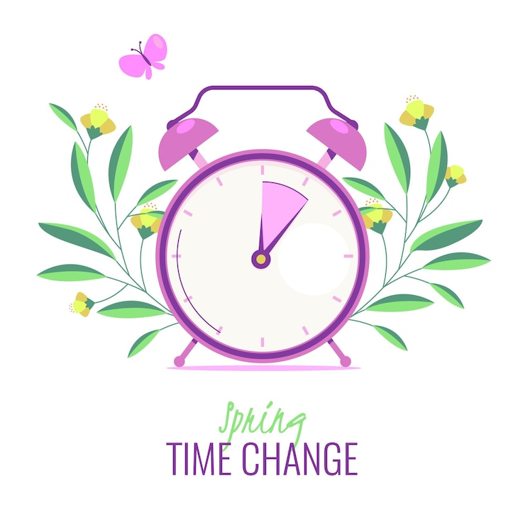 मुफ़्त वेक्टर organic flat spring time change illustration with clock and butterfly