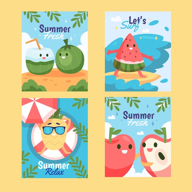 무료 벡터 유기 평면 여름 카드 컬렉션
