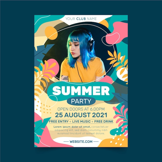 Free vector organic flat summer party vertical poster template with photo