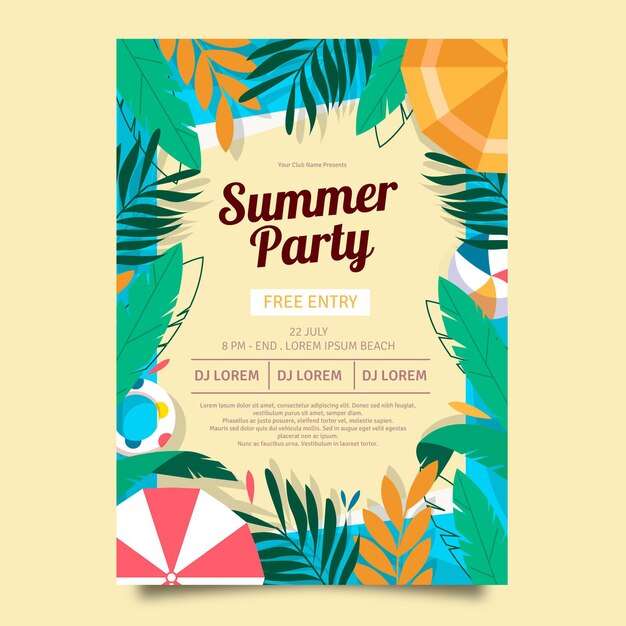 유기 평면 여름 파티 수직 포스터 템플릿