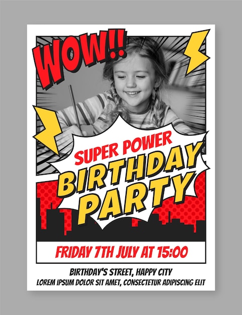 Organic flat superhero birthday invitation template