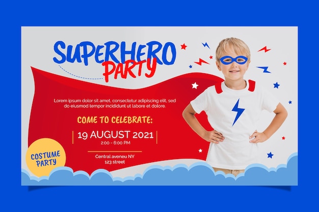 Organic flat superhero birthday invitation with photo
