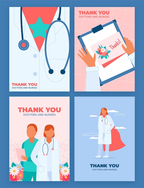 Organic flat thank you doctors and nurses postcard collection