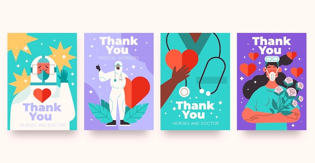 Free vector organic flat thank you doctors and nurses postcard set