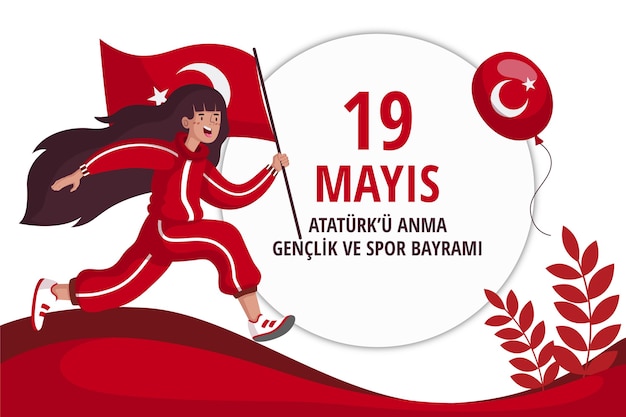 아타튀르크, 청소년 및 스포츠 데이 일러스트레이션의 유기 평면 터키 기념