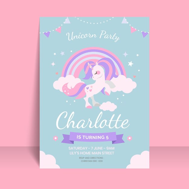 organic flat unicorn birthday invitation