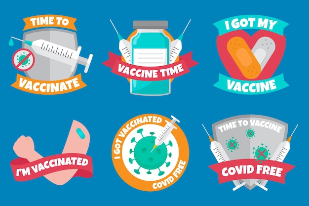 Vettore gratuito collezione di badge campagna di vaccinazione biologica piatta