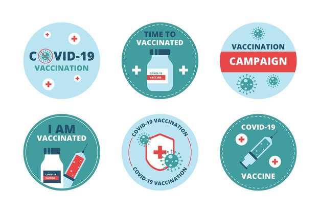 Vettore gratuito collezione di badge campagna di vaccinazione biologica piatta