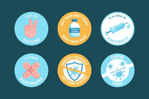 Vettore gratuito collezione di badge campagna di vaccinazione biologica piatta