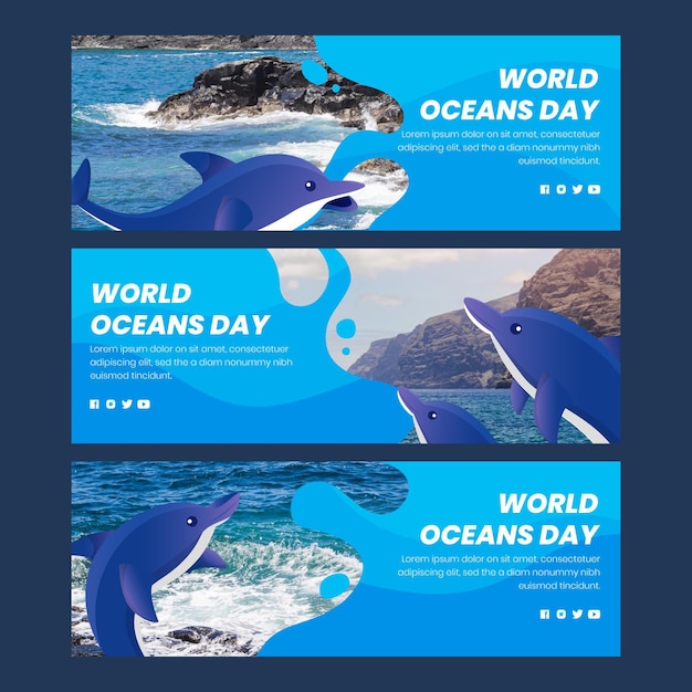 Set di banner per la giornata mondiale degli oceani piatti biologici