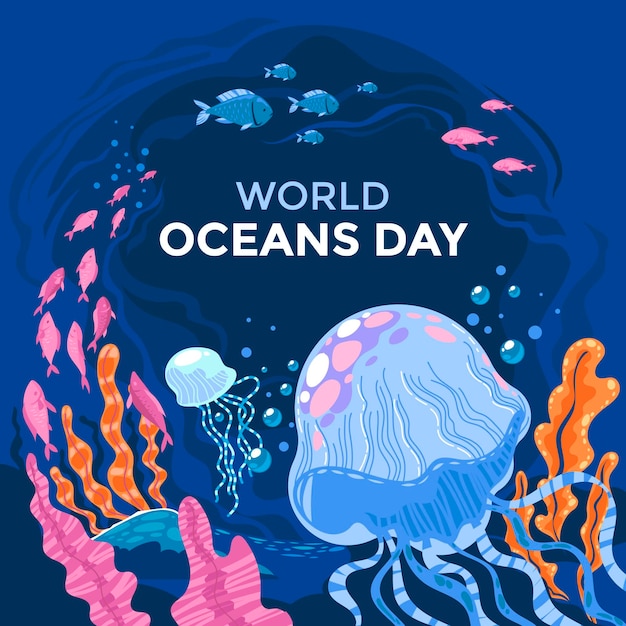 Illustrazione di giornata mondiale degli oceani piatti organici