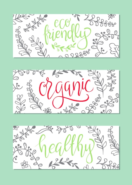 Bandiere di alimenti biologici, sani ed eco-compatibili.