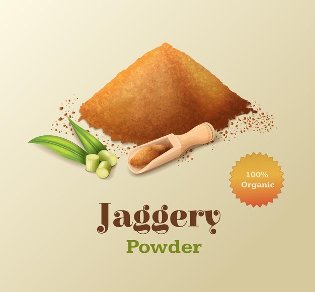 Organic jaggery powder realistic composition with fresh sugar cane leaves and wooden scoop on colour background vector illustration