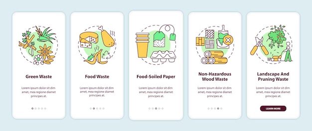 コンセプトのあるモバイルアプリページ画面に搭載されている有機廃棄物の種類 緑 食品 無害な木材廃棄物のチュートリアルrgbカラーイラスト付きの5ステップuiテンプレート プレミアムベクター