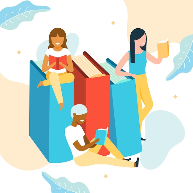 Organic world book day illustration with women reading