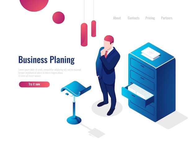 Organization of the working process isometric, work with documents, paperwork