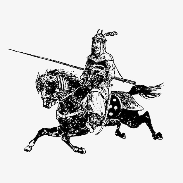 black and white cartoon knight on horse