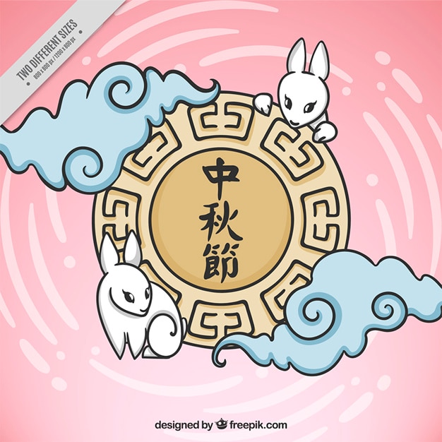 Free vector oriental background of bunnies and clouds for mid-autumn festival