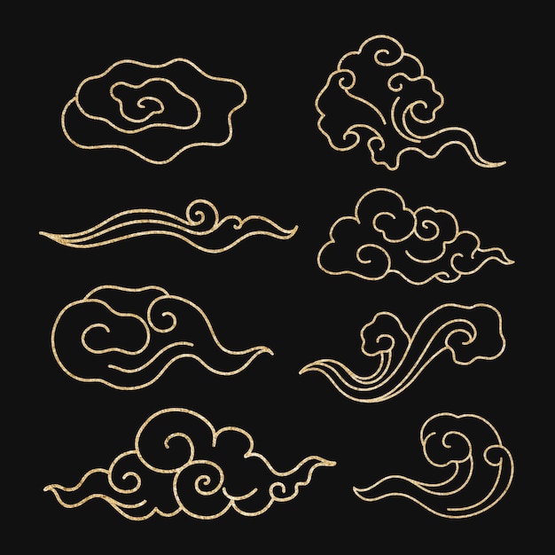 Oriental cloud sticker, gold japanese design clipart vector collection