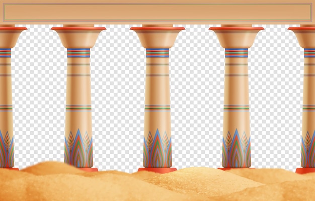 Free vector oriental columns with color ornament on sand realistic transparent background vector illustration