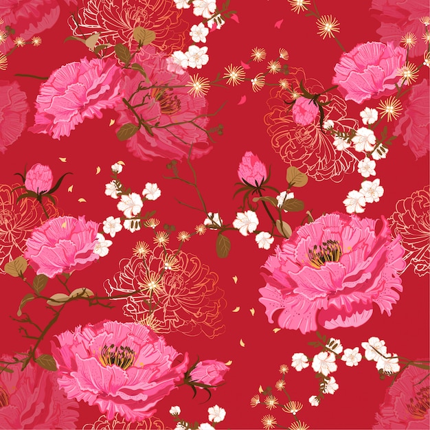 Oriental gentle bloom vector seamless floral pattern Premium Vector
