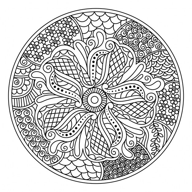  Oriental Mandala design for coloring book. Round decorative element with floral design. 