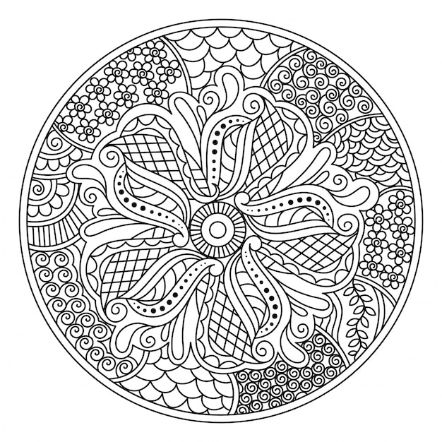  Oriental Mandala design for coloring book. Round decorative element with floral design. 