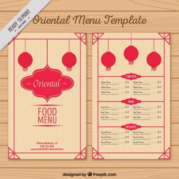 Free vector oriental menu template with lanterns