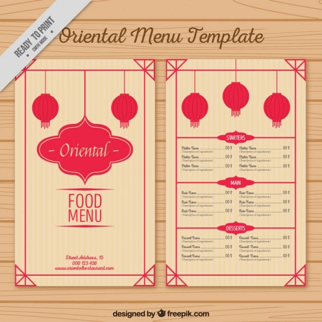 Vettore gratuito modello di menu orientale con lanterne