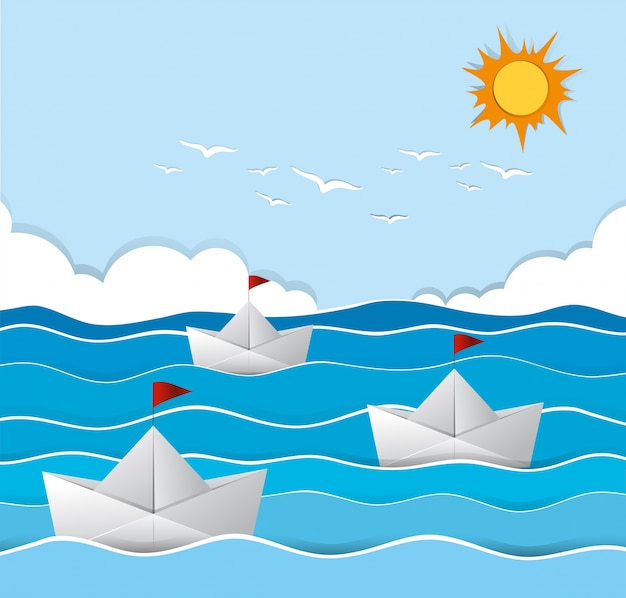 Free vector origami boats sailing in the sea