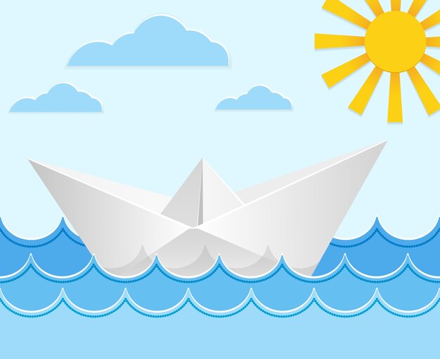 Оригами бумажный корабль на океанских волнах.