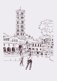 Оригинальный цифровой рисунок улицы рима италии старого итальянского императорского здания с гуляющими людьми