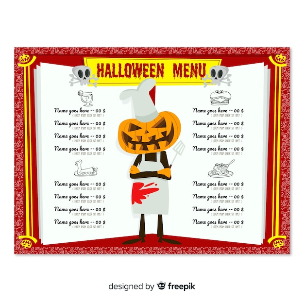 Vettore gratuito modello di menu di halloween originale con design piatto