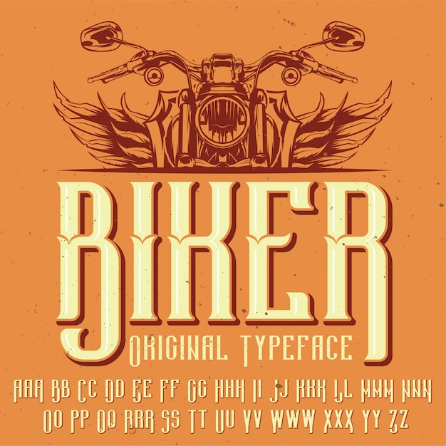 無料ベクター 「biker」という名前のオリジナルラベルタイプフェース。あらゆるラベルデザインで使用できます。