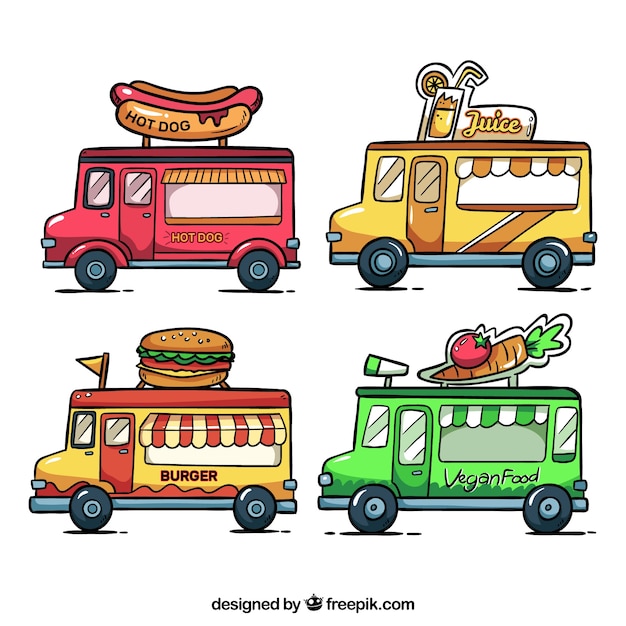 Free vector original pack of hand drawn food trucks