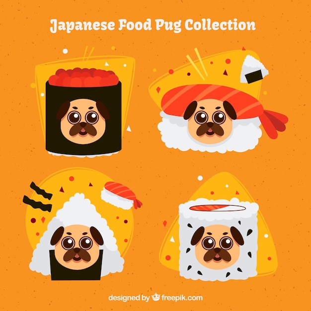 Бесплатное векторное изображение Оригинальная пачка японской еды с мопсами