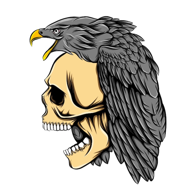 The ornament of the eagle head on the death skull head Premium Vector
