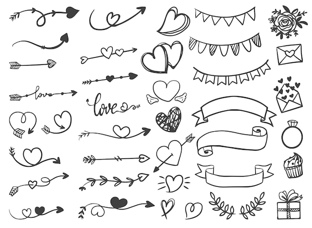 装飾用の矢印リボンバレンタインと結婚式の手描きの線画