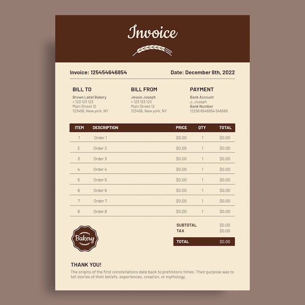 Ornamental brown label bakery invoice