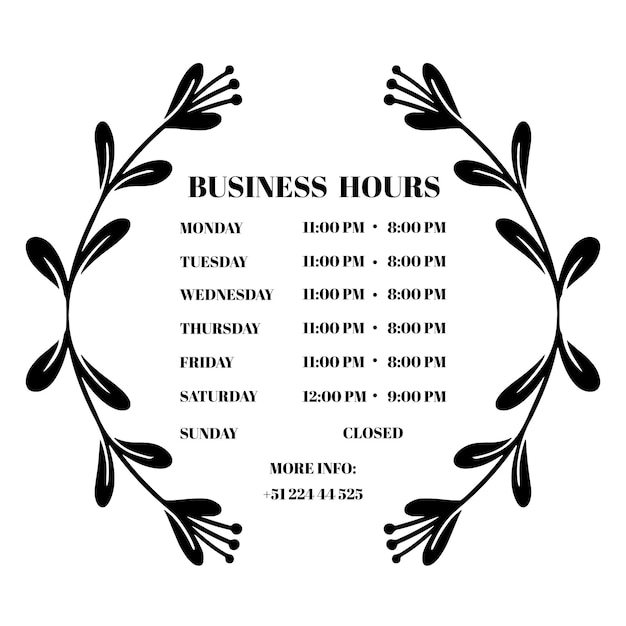 Illustrazione ornamentale di orari di apertura di affari