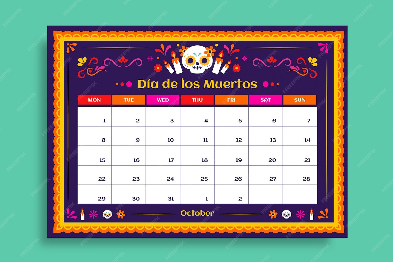 Free Vector Ornamental colorful dia de los muertos monthly calendar